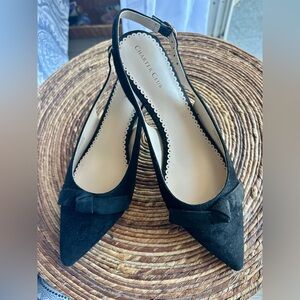 NWOT Charter Club  Black Suede Slingback Heels with Cute Bows 8.5 2 inch heels
